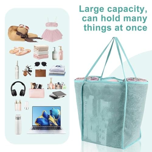 JOZMMZEOOA Mesh Beach Bag for Travel Foldable Reusable Shopping Net Bag Portable Lightweight Storage Tote for Summer for Women Beach Bag Suitable for Picnics Fitness Travel (Blue-green) — view 6