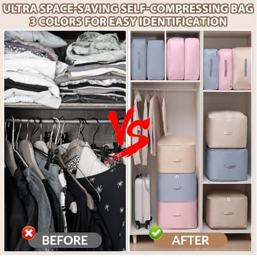 3 Pcs Large Space Saving Self Compression Storage Bag, Duvet Storage Bag, Storage Bags with Handles & 3-Layer Zipper, Large Capacity Clothes Boxes for Bedding, Clothes, Duvets, Pillows (52x42x30cm) — view 6