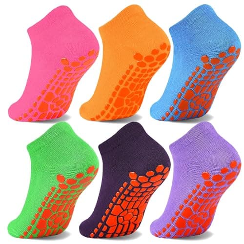 HYCLES Kids Non-Silp Ankle Socks with Girp- 6 Pairs Trampoline Unisex Toddler Socks Anti-Skid Socks for Children 6-9 Years