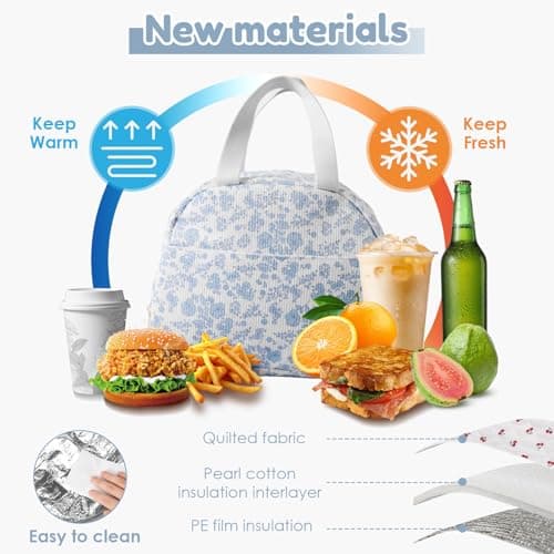Lunch Bag for Women Thermal Insulated Cooler Lunch Bags Adults Kids Packed Lunch Box Tote Bag Leakproof Reusable Meal Prep Container for Work School Picnic Travel Beach(Blue Flower Print) — view 2