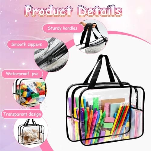 7 Packs Toy Storage Bags, 11.8 * 8.6 * 3.9inch Clear PVC Organiser Bags with Handle and Zips, Portable Toy Organizer for Puzzle, Building Blocks, Books (Black) — view 3