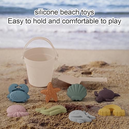 Dynaeuty 10Pcs Silicone Beach Toys for Toddlers 1-3,Travel Sand Toys Set for Kids, Collapsible Bucket & Shovel with Sand Molds, Quick-Dry Bath Toys, Summer Beach Essentials for Baby Girls Boys(Beige) — view 3