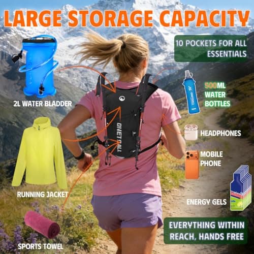 ONETOALL Running Vest Women with TPU Water Bottle 500ml & Water Bladder 2L, Lightweight Hydration Running Vests Mens, Reflective Running Backpack for Hiking Marathon Biking Sci, Black — view 2