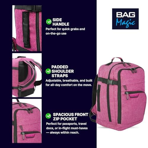 Bordlite Travel Underseat Cabin Approved Backpack, Lightweight Travel Rucksack, Premium Carry on Bag, 40x20x25cm - Pink — view 3