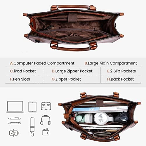 LOVEVOOK Laptop Bags for Women,15.6 Inch PU Leather Tote Bag with Wristlet Pouch, Retro Ladies Handbag Shoulder Bag Briefcase for Work School Office Business,Brown — view 4