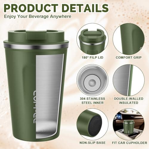 MOMSIV Coffee Cup, 380ml Vacuum Reusable Leakproof Double Wall Coffee Cup, Insulation Stainless Steel Eco-Friendly Travel Office Mug for Hot Coffee Tea and Cold Drinks (Green) — view 6