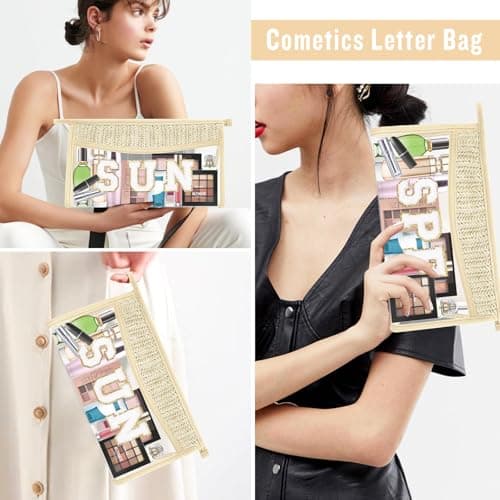 2 Pcs Boho Straw Clear Makeup Letter Pouch, Sunscreen Pouch for Beach Travel, Waterproof Beach Toiletry Sun Bag Accessories for Women — view 4