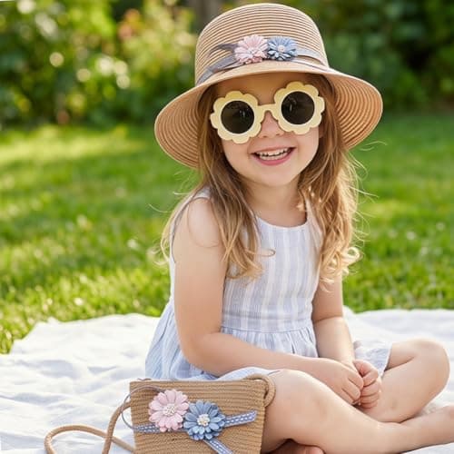 Girls Straw Hat, Sun Hat Set Mini Straw Handbag and Sunglasses Summer Beach Straws Cap Crossbody Bag Sets Beach Straws Hats Summer Travel Accessories for Beach,Vacation,Outdoor Activities(Khaki) — view 5