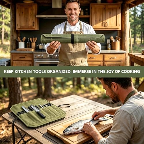 Hounyou 7 Slot Knife Roll Bag for Chefs, Waxed Canvas Knife Case with Knife Guard — view 5