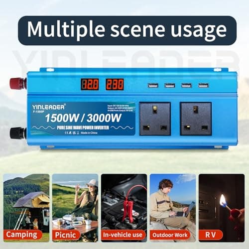 Yinleader Pure Sine Wave Power Inverter 1500W /3000W DC 12v to 240v to AC Voltage Converter With Dual UK Sokets 4 USB Ports LED Voltage Display for Car Camping Caravan Travel — view 2