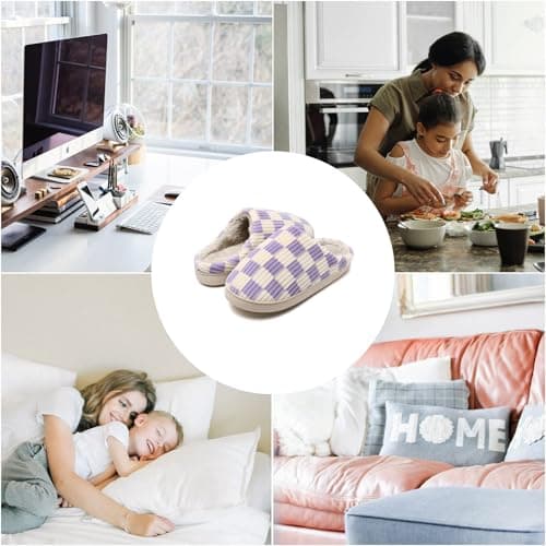 Waysoland House Slippers Women Men,Fuzzy Ladies Memory Foam Checkered Slip on Anti-Skid Sole Bedroom Cloud Slippers Indoor Outdoor(Purple,6/7 UK) — view 2