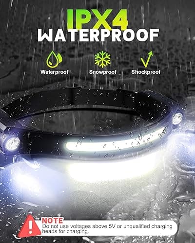 humpun LED Head Torch Rechargeable, 1200LM LED Headband Torch, 2 Spot Light, 12 Hours Runtime 5 Lighting Modes, Lightweight Headlight with Motion Sensor, IPX4 Waterproof for Running(Black, 1 Pack) — view 6