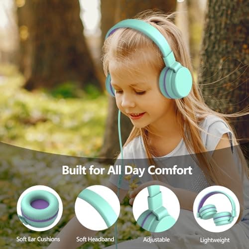 Kids Headphones Wired,On-Ear Wired Headphones for School,Safe Volume Limited 85/94dB,HD Mic Stereo Sound Girls Boys Wired Headphone for Kids,Foldable Headset for Travel Computer Plane Tablet (Green) — view 6