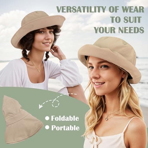 ehsbuy Sun Bucket Hats for Women UV Protection Wide Brim Foldable Ladies Waterproof Summer Hat with Adjustable Chin Strap for Beach Outdoor Fishing Safari Travel Khaki — view 5