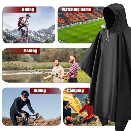 2Pcs Reusable Adult Rain Ponchos, Black Waterproof Poncho Adult, Thick & Wear-Resistant Rain Coat with Drawstring Hood, Portable Rain-Poncho Family Pack for Emergency Outdoors Camping Men Women — view 6