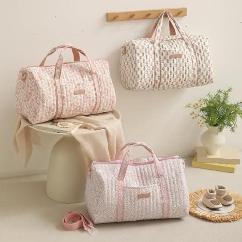 GSenhui Quilted Duffle Bag for Women Cute Baby Hospital Bag Floral Duffel Bags (Cream Vertical Floral) — view 4
