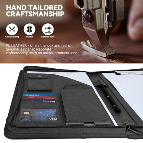 GUYUCOM Leather Zipper Conference Folder, A4, Travel Document Folder, Portfolio Travel Wallets, Black — view 4