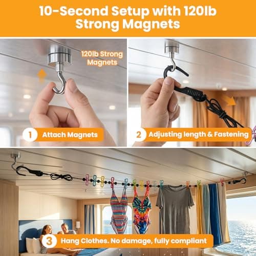 No Sag Magnetic Clothesline with 120lb Strong Magnets for Cruise Ship Cabin — view 4