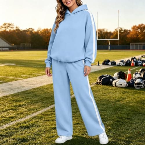 Womens Sky Blue 2 Piece Outfit Pullover Hoodie and Wide Leg Trousers — view 5