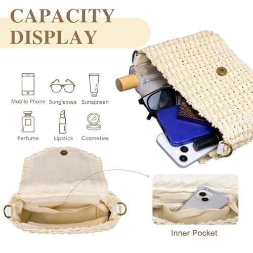 Toptime Straw Bag for Women, Small Summer Crossbody Bag with Zipper, Handmade Woven Boho Shoulder Bags with Adjustable Wide Strap, Stylish Beach Straw Handbag for Holiday Travel Vacation Shopping — view 4