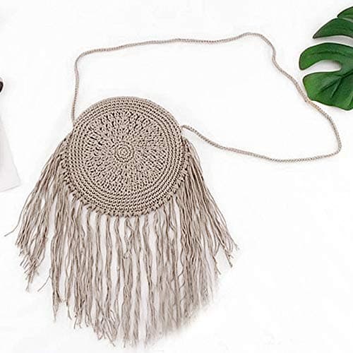 Millya Fringe Tassel Crossbody Shoulder Bag Straw Woven Handmade Boho Beach Travel Handbag for Women (03878 Grey) — view 3