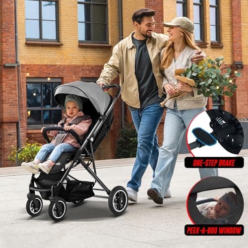 FK Sports Baby Pushchair Stroller Pram from Birth to 3 Years Lightweight Foldable Travel Buggy with 5-Point Harness, Adjustable Seat and Oversized Basket with Cup Holder Smooth Swivel Wheels (Grey) — view 3