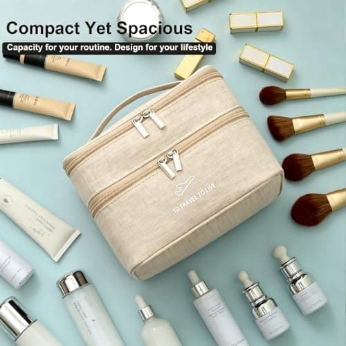Travel Makeup Bag for Women, Large Capacity 2-Layer Cosmetic Organiser with Makeup Brush Organiser, Water-Resistant Durable Nylon Toiletry Bag, Portable Make Up Bags Case for Travel, Home Use (Beige) — view 5