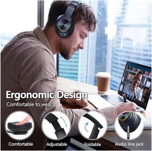 Himank Bluetooth Headphones Over Ear, Noise Reduction Wireless Headphones with Microphone/Deep Bass, HiFi Stereo Foldable Lightweight LED Headset for PC Home Travel Office (Black) — view 2