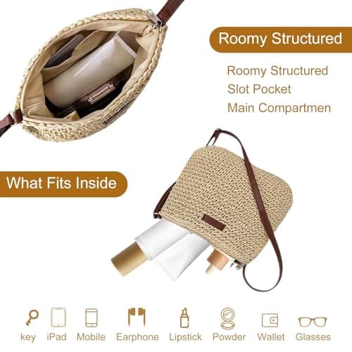 Businey Straw Bag for Women, Summer Straw Beach Crossbody Bags for Women with Zipper Adjustable Strap, Bohemian Weave Handmade Shoulder Handbags for Holiday Beach Travel — view 5