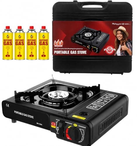 OptiProducts Portable Camping Stove with Carry Case & 4 Butane Gas Canisters – Black Single Burner Gas Cooker, Automatic Piezo Ignition, Adjustable Heat Control, EN417 Compliant, 2100W