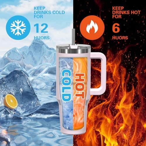 WATERSY Travel Mug Coffee Cup 40oz Tumbler Straw Lid and Handle, Stainless Steel Double Wall Vacuum Insulated Coffee Water Bottle Thermal for Cold Hot Coffee 1182ml Rose Quartz — view 2