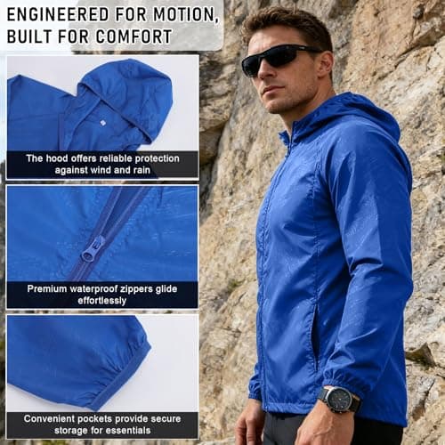 ADUDVLO Men's Lightweight Waterproof Jacket with Pockets, Packable Hooded Windproof Rain Jacket for Travel, Running & Hiking – Includes Carry Pouch (UK, Alpha, L, Regular, Regular, Blue) — view 3