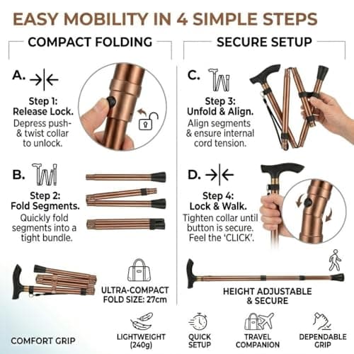 Adjustable Foldable Walking Stick for Men & Women | Lightweight, Ergonomic Cane | Collapsible & Portable Mobility Aid with Non-Slip Base & Wrist Strap | Ideal for Elderly & Travel - 85-95cm Height — view 5