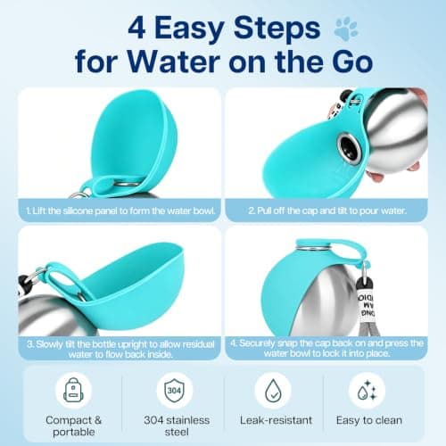 Foldable 2 in 1 Portable Dog Water Bottle, 285ml/10oz Stainless Steel Dog Travel Water Bottle, Leak-Resistant Travel Pet Water Dispenser with Foldable Silicone Bowl for Walking, Camping(blue) — view 5