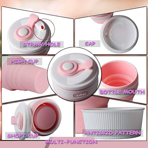 AniSqui Collapsible Coffee Cup Silicone with Lids, 12oz 350ml (Pink) — view 6