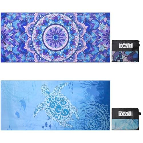 TMEOG Microfibre Beach Towels 2 Pack 180x80cm Extra Large Sand Free Beach Towel for Adults Compact Thin Travel Towel Women Men Lightweight Swim Pool Yoga Towel with Bag(Turtle and Mandala)