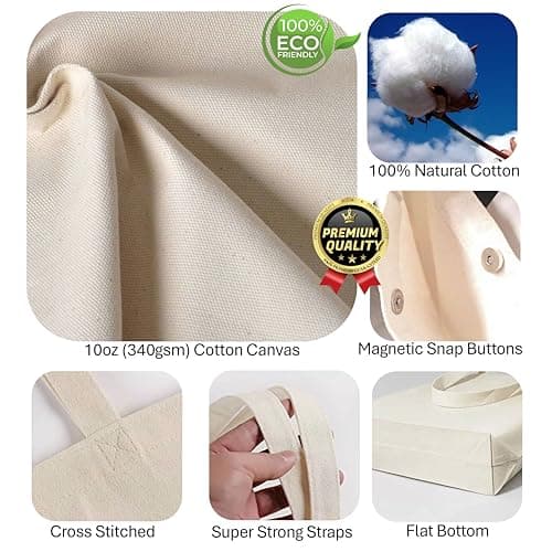 SUPERNOVA Lifestyle Premium 10oz (340gsm) 100% Natural Unbleached Cotton Canvas Tote Bag Super Strong Reusable Grocery Shopping Bag, Ideal for Painting, Embroidery, Printing (Gusseted Bottom) — view 4