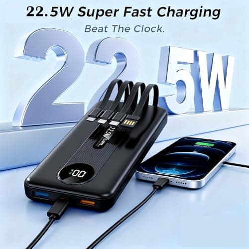 Power Bank with 4 Built-in Cables, 22.5W PD Fast Charging Portable Charger 10000mAh High-Capacity Battery Pack with LED Display 6-Output & 5-Input for Smartphones Tablets and More (Black, 10000mAh) — view 2