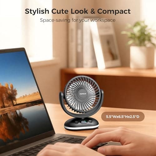 TriPole 4000mAh Rechargeable Desk Fan 31H Runtime, 4 Speed Portable USB Fan with LED Display, Battery Operated Ultra Quiet Table Fans, Head Adjustable for Office, Bedroom, Camping, Travel (Black) — view 4