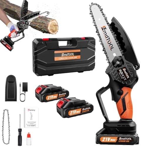 Mini Chainsaw Cordless 6-Inch Handheld Small Chain Saw with 2X Battery, Orange 21V Battery Powered Portable Electric Mini Chainsaw w/Safety Lock for Courtyard Garden Household Tree Branch Trimming