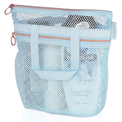 DV Lifestyle Mesh Shower Bag 25 x 26cm Caddy with Zipper & 2 Pockets. Quick-Dry Portable Toiletry Tote for Bathroom, Gym, Travel, Camp, Beach, for Sunscreen, Dorm & College Essentials (Blue)