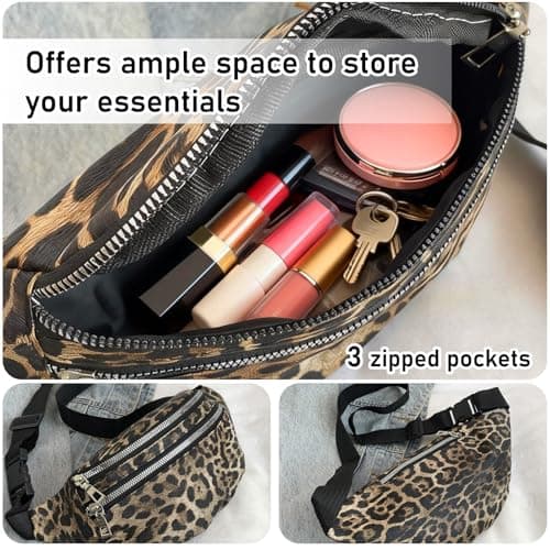 KASESSS Leopard Print Bumbag, 3 Zippers 3 Compartments Stylish Bumbags for Ladies, Fanny Pack for Women, Crossbody Waist Bag with Adjustable Strap, Lightweight Bum-Bag for Daily Travel Streetwear — view 5