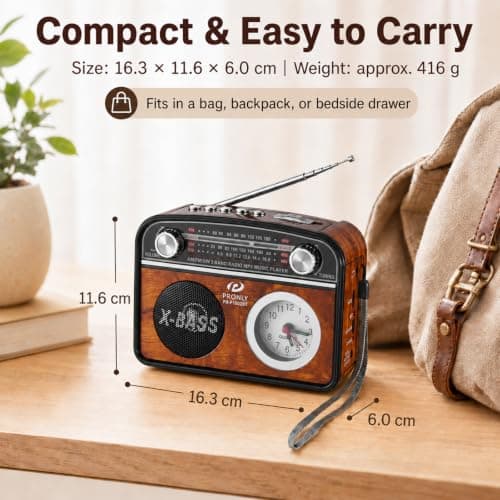 PRONLY Vintage Portable AM/FM Radio with Bluetooth, Clock & Flashlight — view 6
