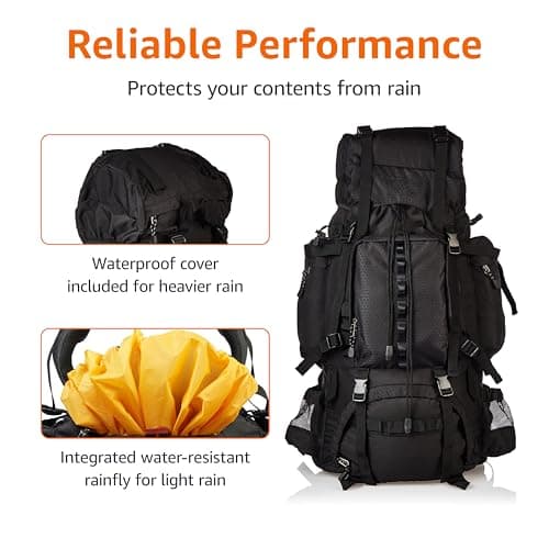 Amazon Basics Internal Frame Waterproof Hiking Backpack Rucksack with Rainfly, 75 L, Black — view 2