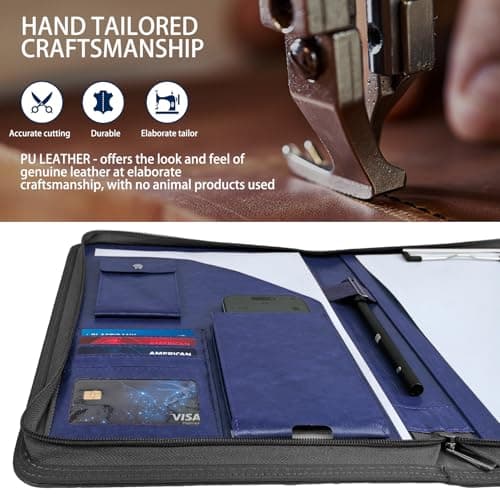 NEWYES PU Leather Zipper Conference Folder A4, Gifts for Men & Women, Travel Document Portfolio, Personal Agenda Organizer Folder, Blue — view 2