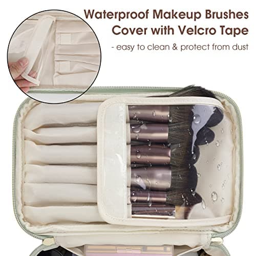 Travel Makeup Bag, Large PU Leather Cosmetic Case with Brush Compartment, Green — view 2