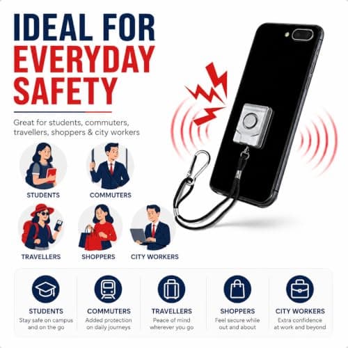Minder Mobile Phone Personal Alarm 125dB Ultra Thin Anti-Theft Safety Siren with Captive Pin, Carabiner Clip & Fixing Tapes for Phone, Handbag, Rucksack, Travel & Students (Black) — view 5