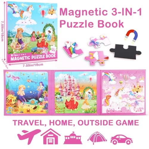 Lemicin Magnetic Puzzle Book Game - 75pcs 3 in 1 Unicorn Mermaid Princess Magnetic Puzzles Car Airplane Road Trip Activities Travel Toys for 3 4 5 6 Year Old Girls Birthday Gifts — view 2