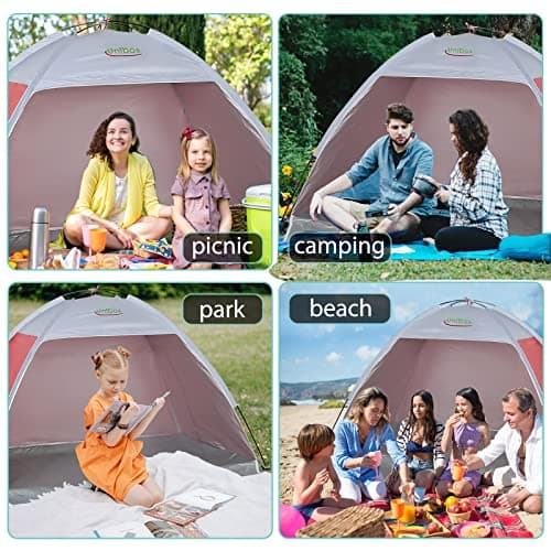 Unibos Large Pop Up Beach Tent for (2-3) Person, Portable Automatic Waterproof Sun Shade Tent Easy Set Up Lightweight Pest Proof UV 50+ Sun Shelter with Extended Zippered Porch (Red) — view 2