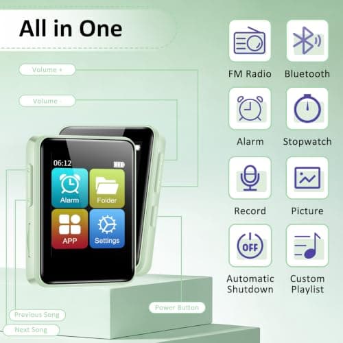 Foeuyte 32GB MP3 Players with Bluetooth,1.8 Inch Touch Screen, Mint Green — view 4